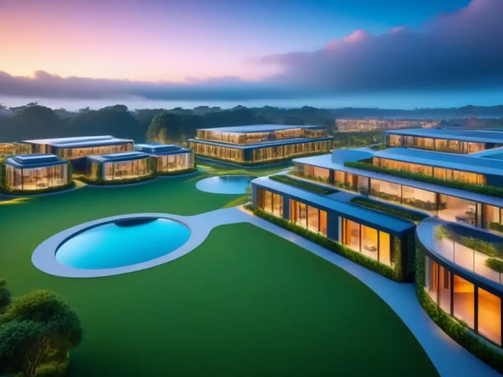 Arquitectura futurista: complejo residencial vanguardista y sostenible Invertir en desarrollos inmobiliarios integrados: Una arquitectura moderna y futurista con tecnología inteligente y lujo sostenible