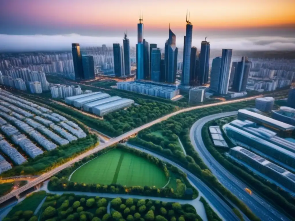Vista aérea detallada de una ciudad moderna y sostenible Invierte en desarrollos inmobiliarios integrados: una ciudad moderna con arquitectura innovadora y diseño sostenible