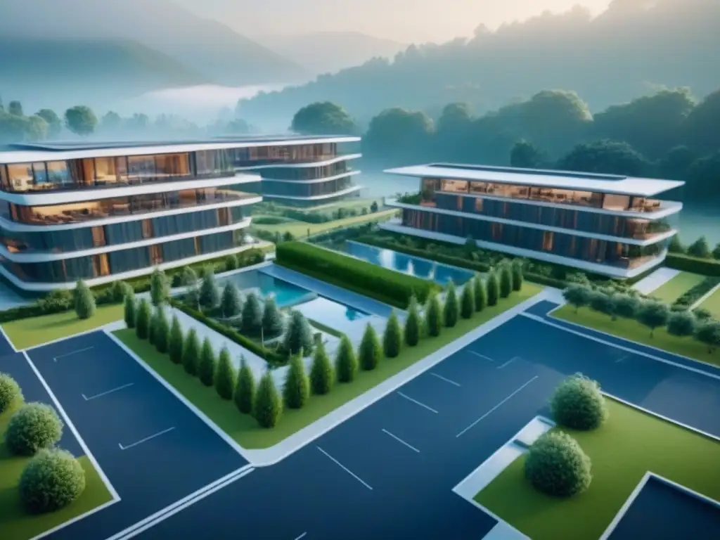 Proyecto inmobiliario futurista: diseño sostenible e innovador en 8k Invertir en desarrollos inmobiliarios integrados: Detalles futuristas de un proyecto innovador en una arquitectura moderna