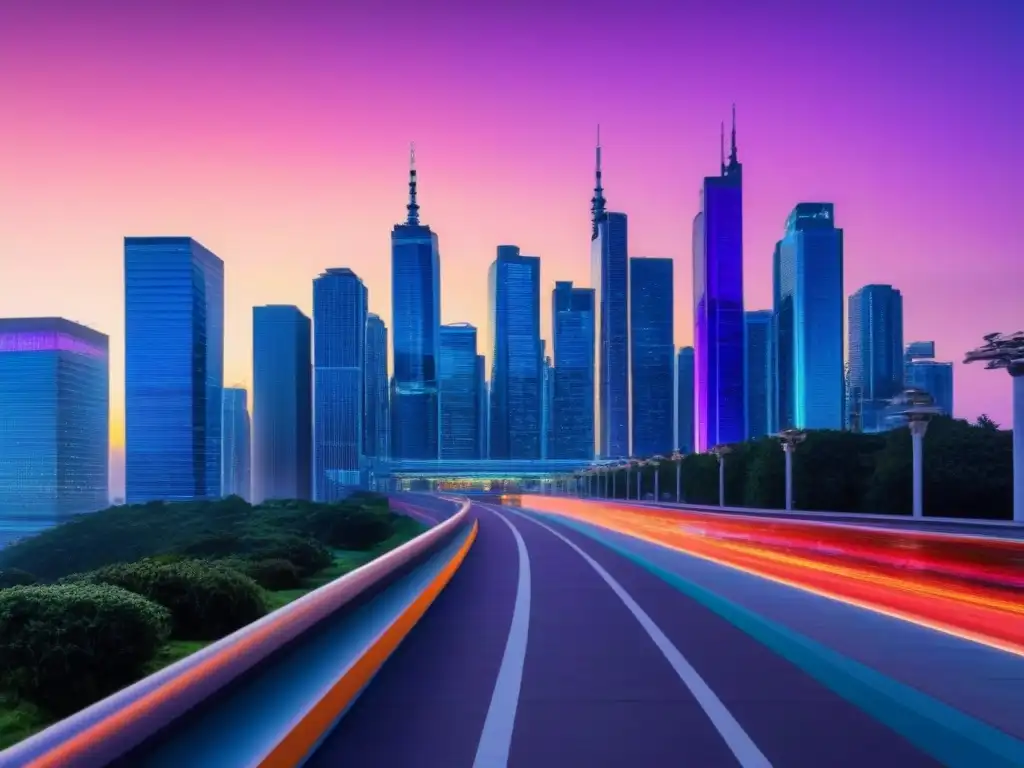 Metrópolis futurista vibrante al anochecer Invertir en desarrollos inmobiliarios integrados: Futurista ciudad nocturna con rascacielos iluminados y elegantes profesionales en movimiento