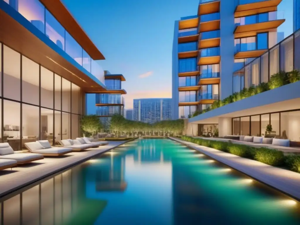 Desarrollo inmobiliario integrado de lujo y modernidad Invertir en desarrollos inmobiliarios integrados: Imponentes rascacielos con ventanales reflectantes y plaza central lujosamente ajardinada