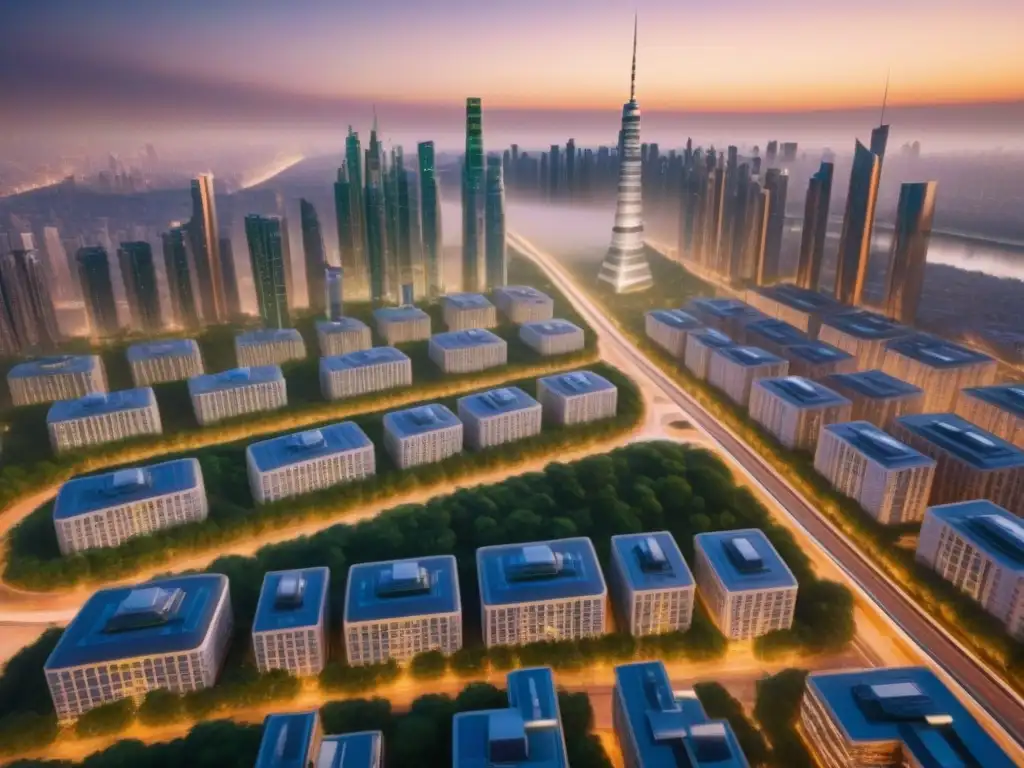 Metrópolis futurista: arquitectura vanguardista y sostenible Desarrollos inmobiliarios internacionales: Futurista metrópolis al anochecer con arquitectura innovadora y espacios verdes