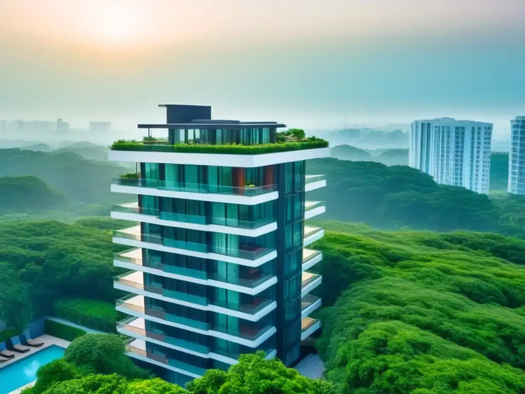 Edificio de lujo en entorno verde: inversión inmobiliaria premium Invertir en desarrollos inmobiliarios premium: un edificio moderno rodeado de vegetación exuberante y cielo azul