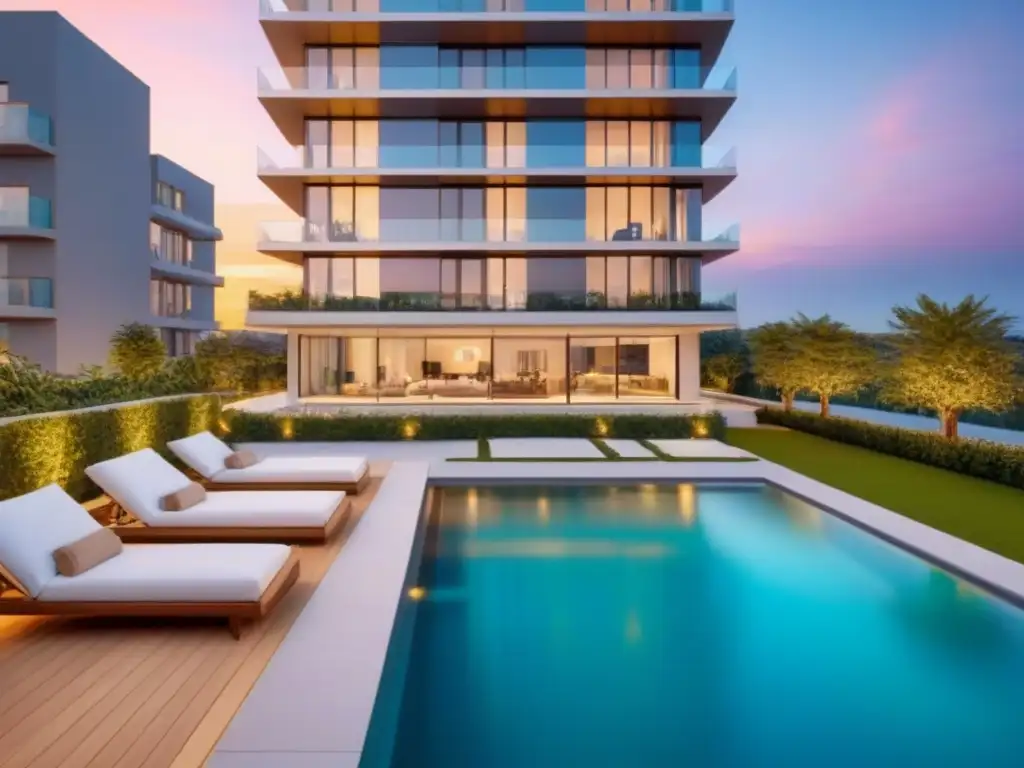 Edificio de lujo al atardecer: arquitectura moderna y elegante Invertir en desarrollos inmobiliarios premium: Edificio de lujo moderno al atardecer con ventanales y terraza elegante