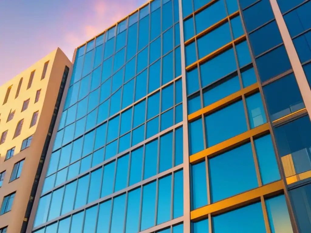 Edificio de lujo al atardecer: arquitectura moderna en 8k Invertir en desarrollos inmobiliarios premium: Fachada de edificio moderno al atardecer, reflejando tonos dorados del sol con cielo azul claro