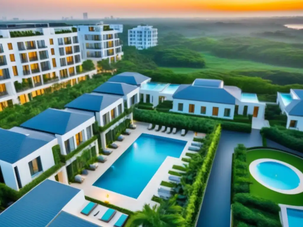 Desarrollo inmobiliario de lujo: sofisticación urbana frente al atardecer Invertir en desarrollos inmobiliarios premium: lujo urbano al atardecer con modernos edificios, áreas verdes y amenidades exclusivas