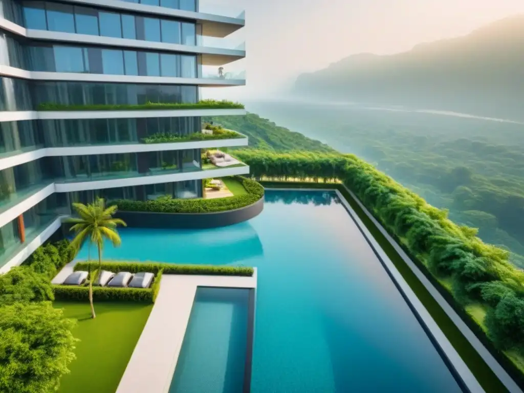 Edificio de lujo rodeado de naturaleza exuberante Invertir en desarrollos inmobiliarios premium: vista aérea de un moderno rascacielos rodeado de vegetación exuberante y una piscina cristalina