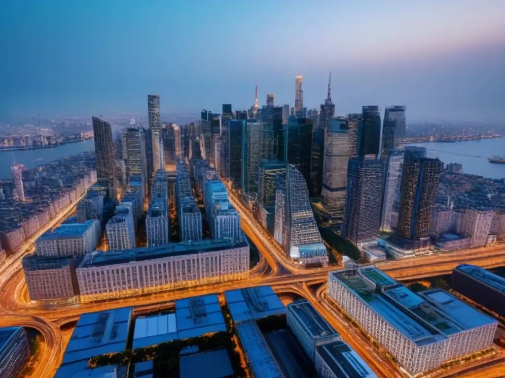 Metrópolis vibrante: luces y arquitectura en atardecer urbano Invertir en desarrollos inmobiliarios metropolitanos: vibrante ciudad al anochecer con rascacielos iluminados y calles transitadas