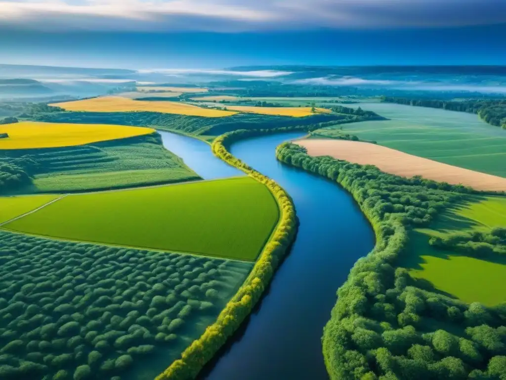 Vista aérea impresionante de paisaje rural en Norteamérica Invierte en desarrollos rurales Norteamérica: panorámica rural con colinas verdes, ríos y granja moderna