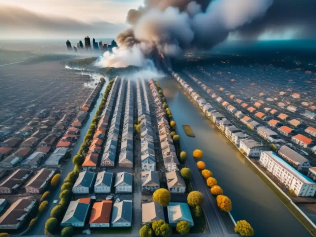 Desastre natural: la ciudad se reconstruye Desastres naturales: ciudad devastada, equipo de emergencia y comunidad unida reconstruyendo entre escombros