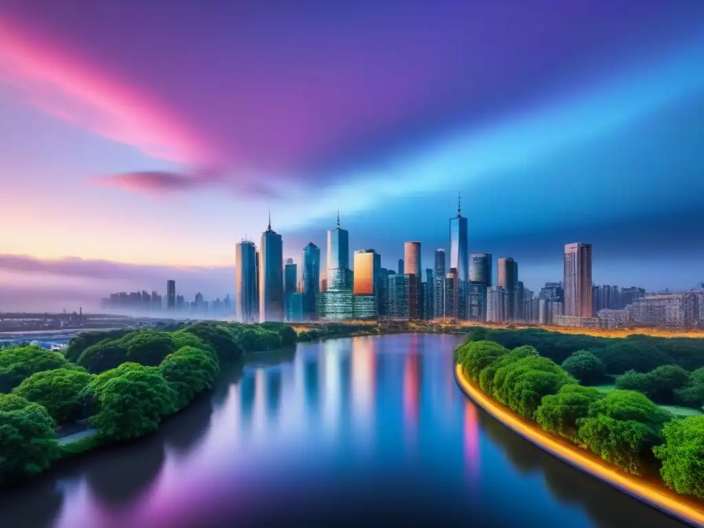 Horizonte urbano al amanecer: inversión y oportunidad en el mercado inmobiliario Deslumbrante amanecer urbano con rascacielos modernos y parques verdes, reflejando reformas fiscales en el mercado inmobiliario