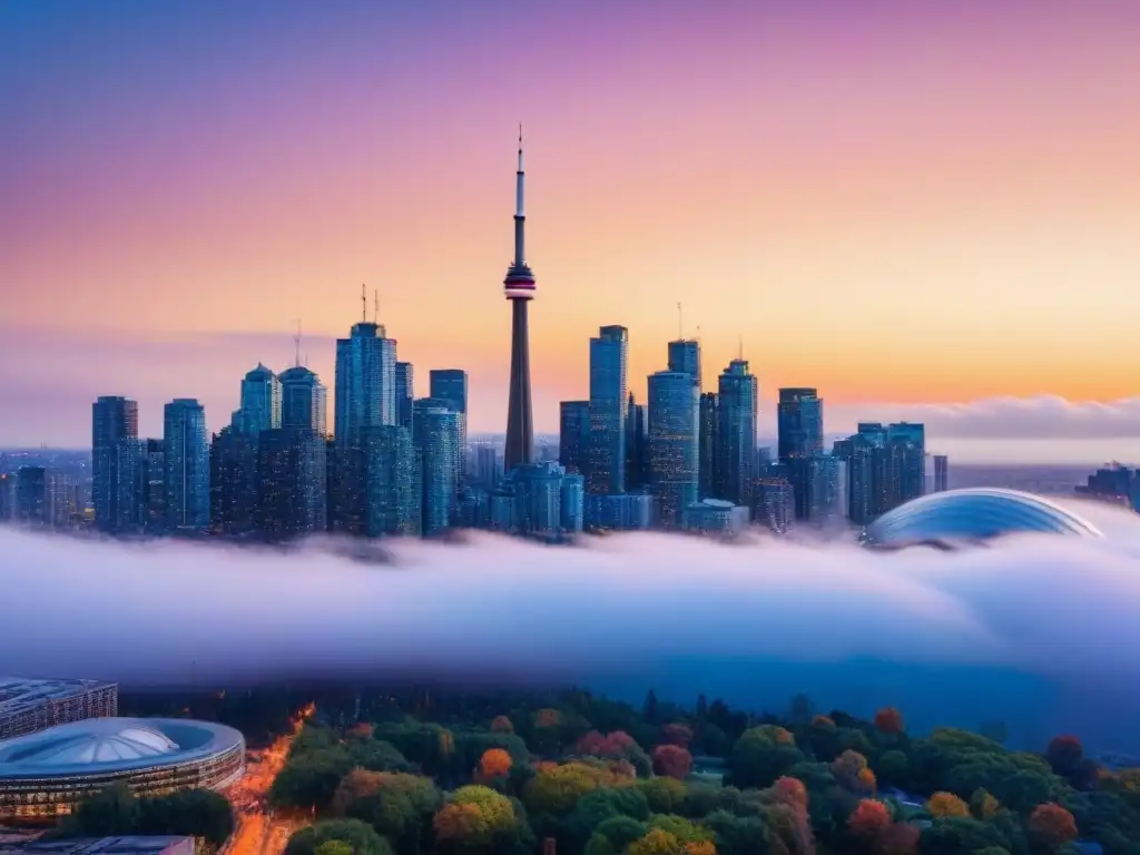 Esplendor urbano: Toronto al atardecer, CN Tower y rascacielos modernos Deslumbrante atardecer en Toronto con la CN Tower y rascacielos modernos