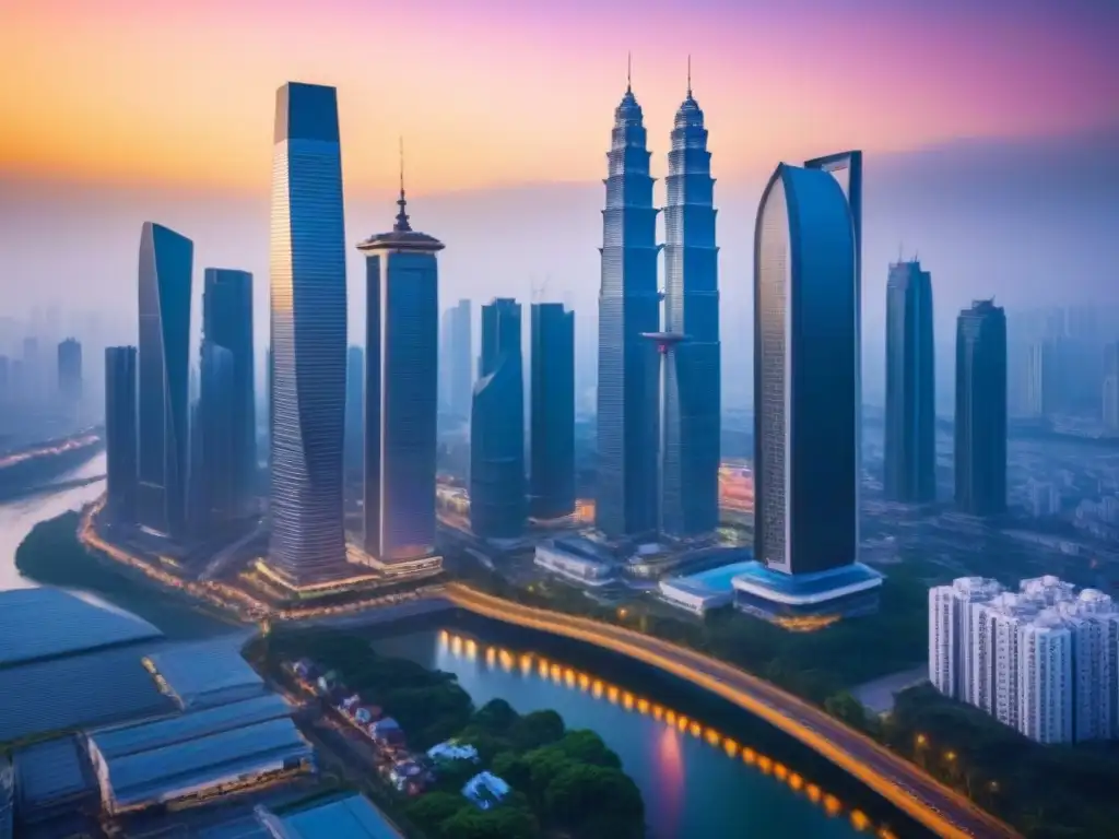 Desarrollo inmobiliario en Asia: crecimiento y modernidad Deslumbrante ciudad asiática con rascacielos modernos y tradicionales, reflejándose en un río al atardecer