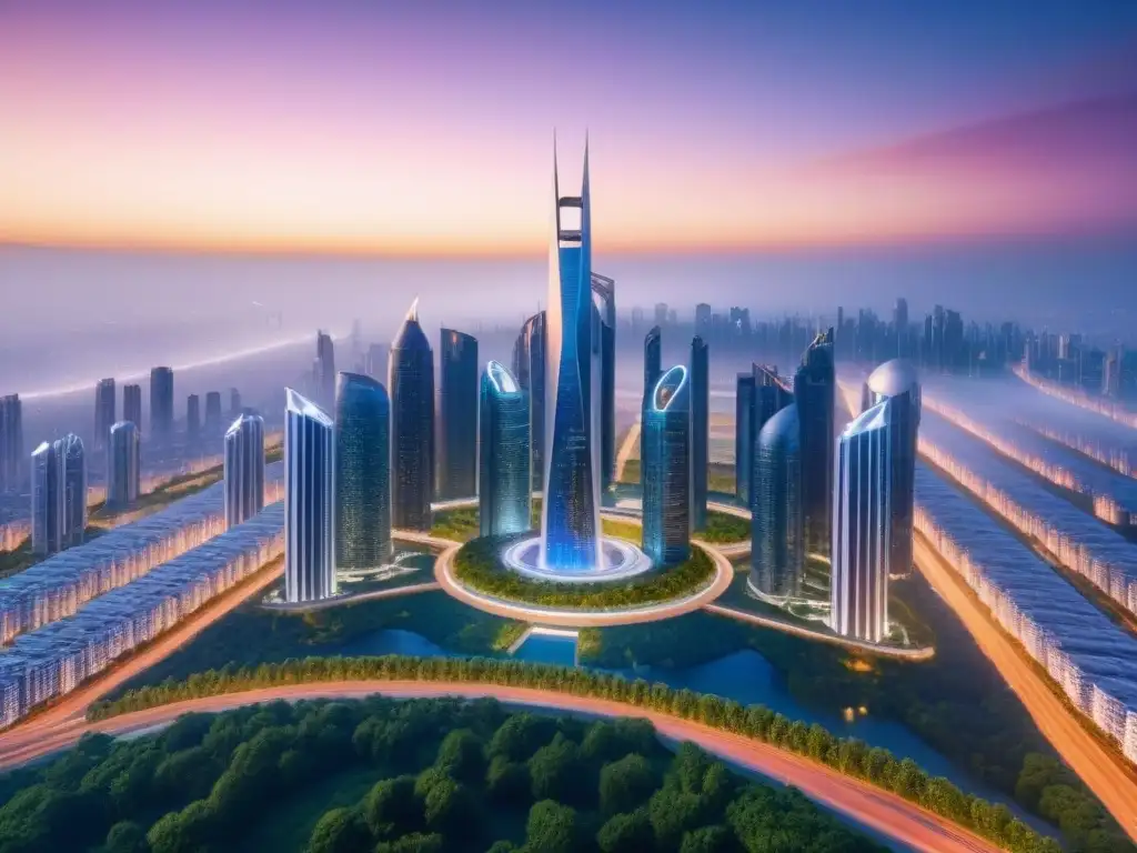 Metrópolis futurista al atardecer: un paisaje innovador y prometedor Deslumbrante ciudad futurista al atardecer, con rascacielos relucientes y paisaje verde