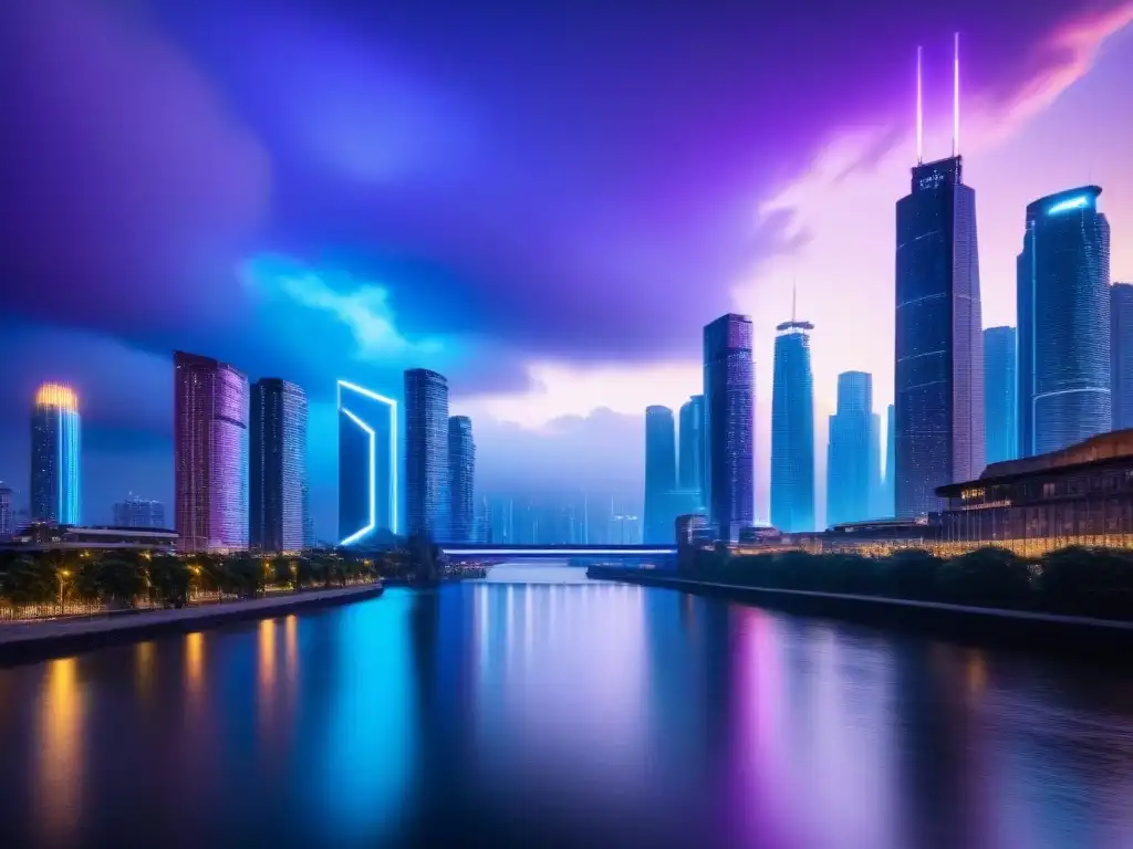 Metrópolis futurista: luces neón, río y drones Deslumbrante ciudad futurista al atardecer con rascacielos iluminados por luces de neón, reflejándose en un río tranquilo