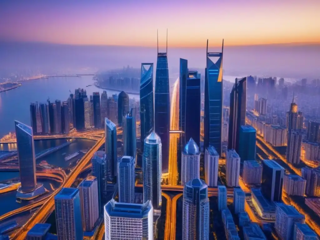 Horizonte futurista: ciudades brillantes en crecimiento Deslumbrante ciudad futurista al anochecer, fusiones inmobiliarias internacionales crecimiento