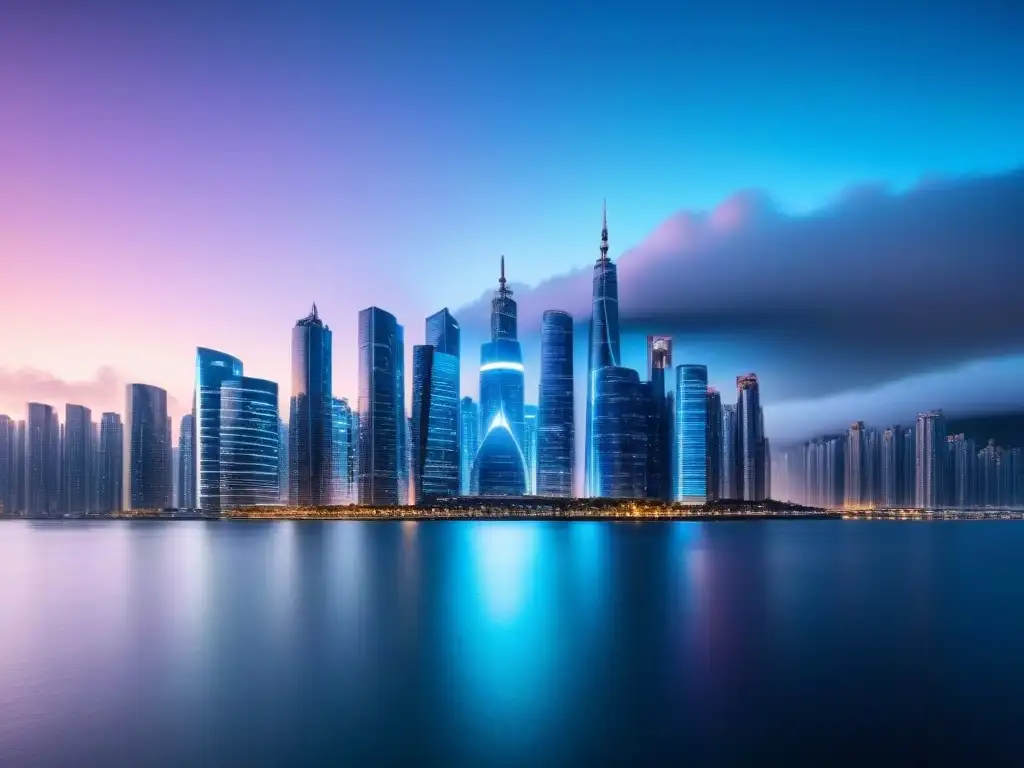 Metrópolis futurista: analítica inmobiliaria en tiempo real Deslumbrante ciudad futurista de noche con rascacielos iluminados y datos de mercado inmobiliario en tiempo real