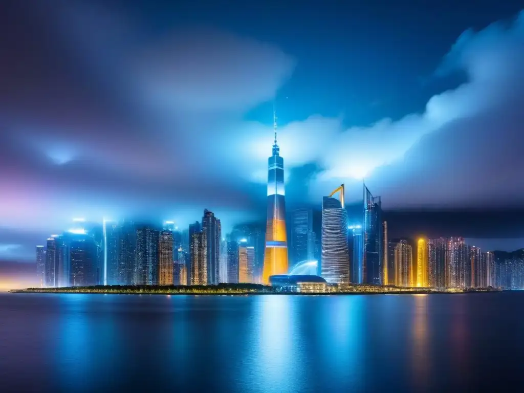 Futurismo nocturno: Ciudad ultramoderna en 8k Deslumbrante ciudad futurista nocturna, reflejada en el agua, con impacto de fluctuaciones cambiarias en el mercado inmobiliario