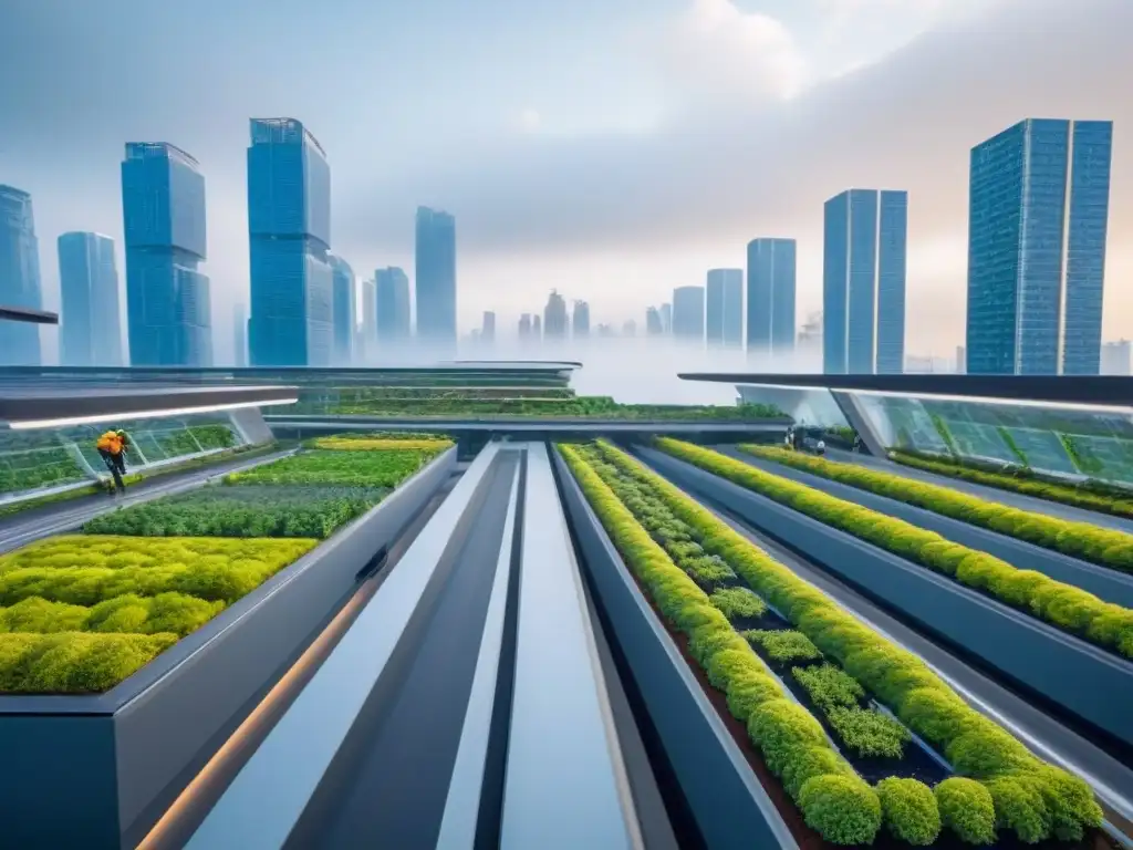 Deslumbrante ciudad futurista con propiedades sostenibles, techos verdes y paneles solares