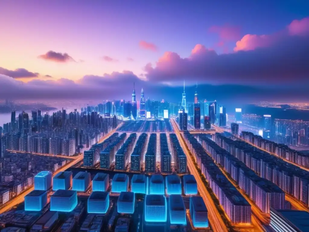 Metrópolis futurista: ciudad 8k con rascacielos y vehículos voladores Deslumbrante ciudad futurista al anochecer con rascacielos iluminados y autos voladores