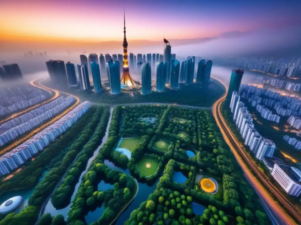Metrópolis futurista en el sudeste asiático al atardecer Deslumbrante ciudad futurista en el Sudeste Asiático con rascacielos, autos de lujo y parques verdes, en proyectos inmobiliarios ambiciosos