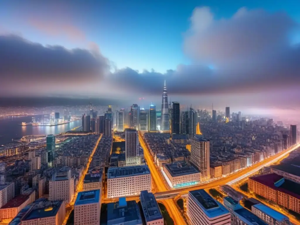 Deslumbrante ciudad iluminada de noche, simbolizando la modernidad de la tokenización activos inmobiliarios inversión global