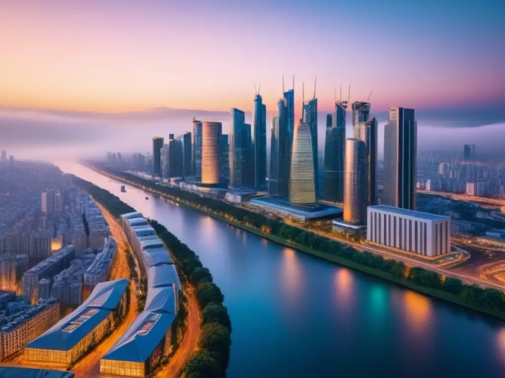 Horizonte urbano al atardecer: oportunidades inmobiliarias globales Deslumbrante ciudad internacional al anochecer con rascacielos iluminados y desarrollo inmobiliario futurista