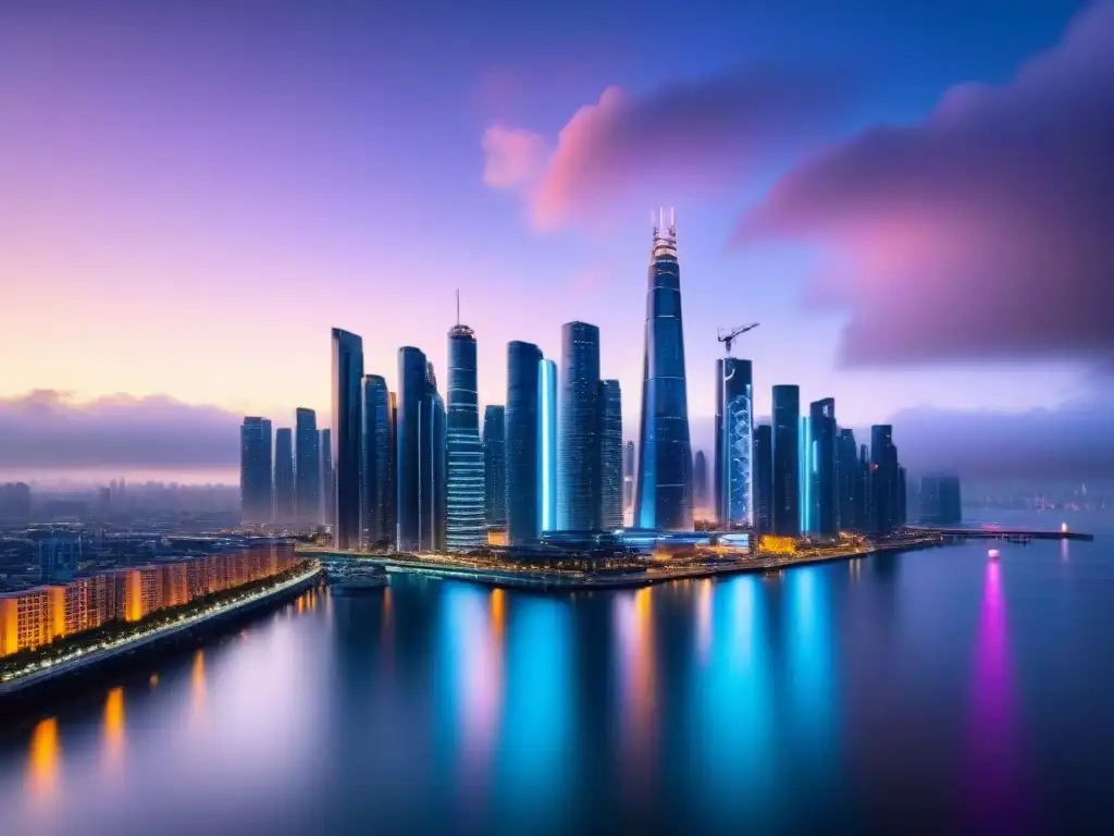Metrópolis futurista: skyline de rascacielos iluminados en 8k Deslumbrante metrópolis futurista al anochecer con rascacielos iluminados por luces neón, reflejándose en el agua