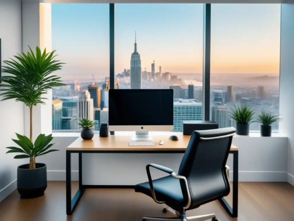 Oficina moderna con vista panorámica: Lujo y sofisticación en 8k Deslumbrante oficina moderna con vista a la ciudad, ideal para SEO en mercado inmobiliario internacional