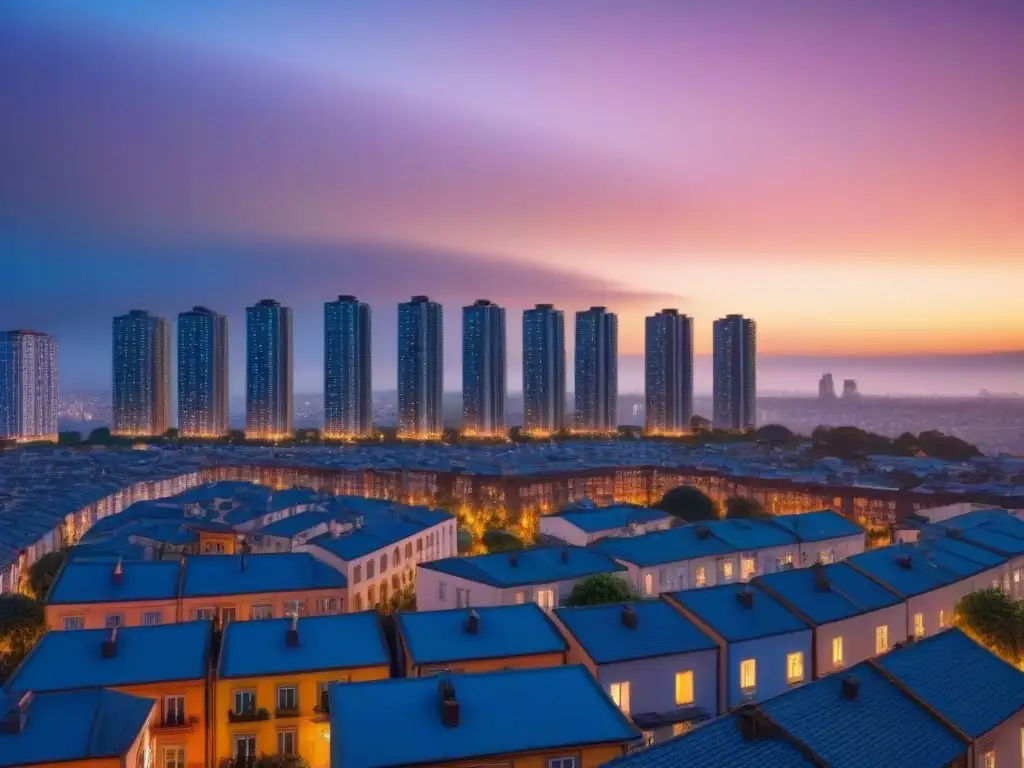 Metrópolis al atardecer: luces y sombras de la vivienda urbana Deslumbrante paisaje urbano al anochecer con contrastes de edificios modernos y barrios tradicionales