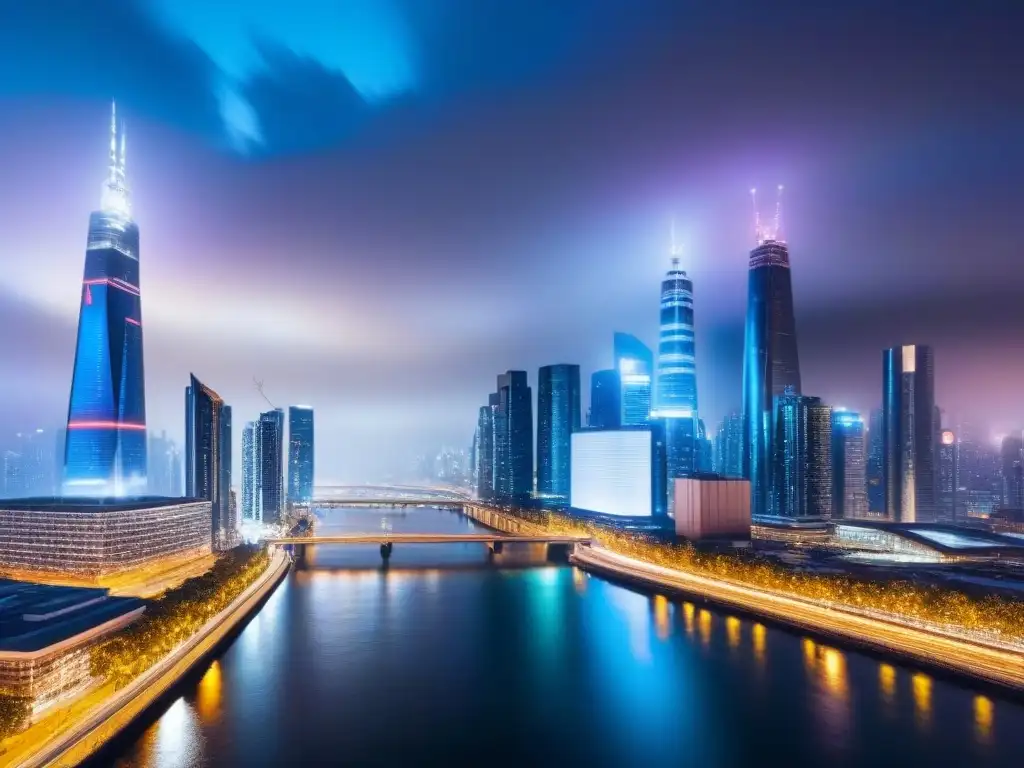 Futurista ciudad nocturna 8K: rascacielos brillantes y puentes modernos Deslumbrante paisaje urbano futurista con sinergias postfusión en mercado inmobiliario