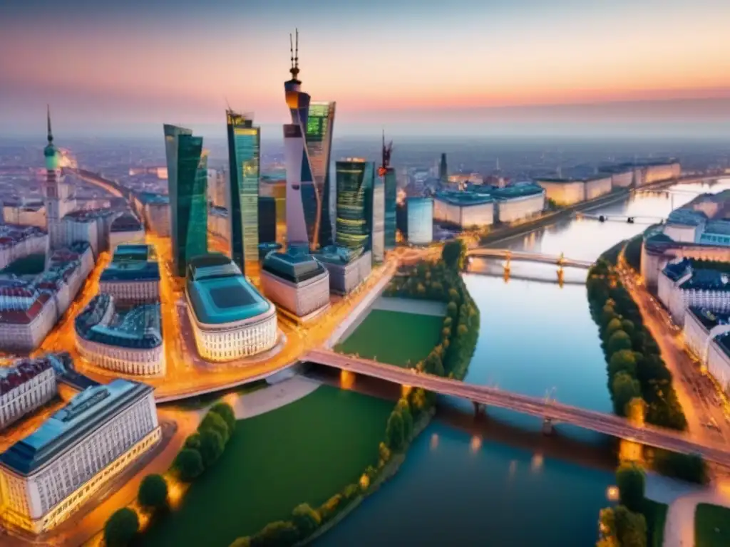 Esplendor urbano al atardecer en Varsovia, Polonia Deslumbrante panorama al atardecer de Varsovia, Polonia, con modernos rascacielos iluminados por el sol, reflejados en el río Vístula