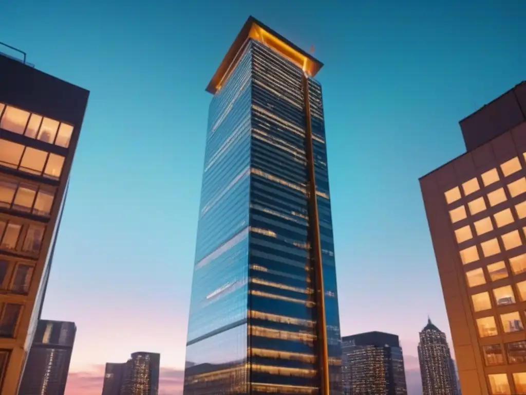 Edificio de lujo: modernidad y sofisticación nocturna en 8k Deslumbrante rascacielos moderno de noche con luces vibrantes reflejando la ciudad