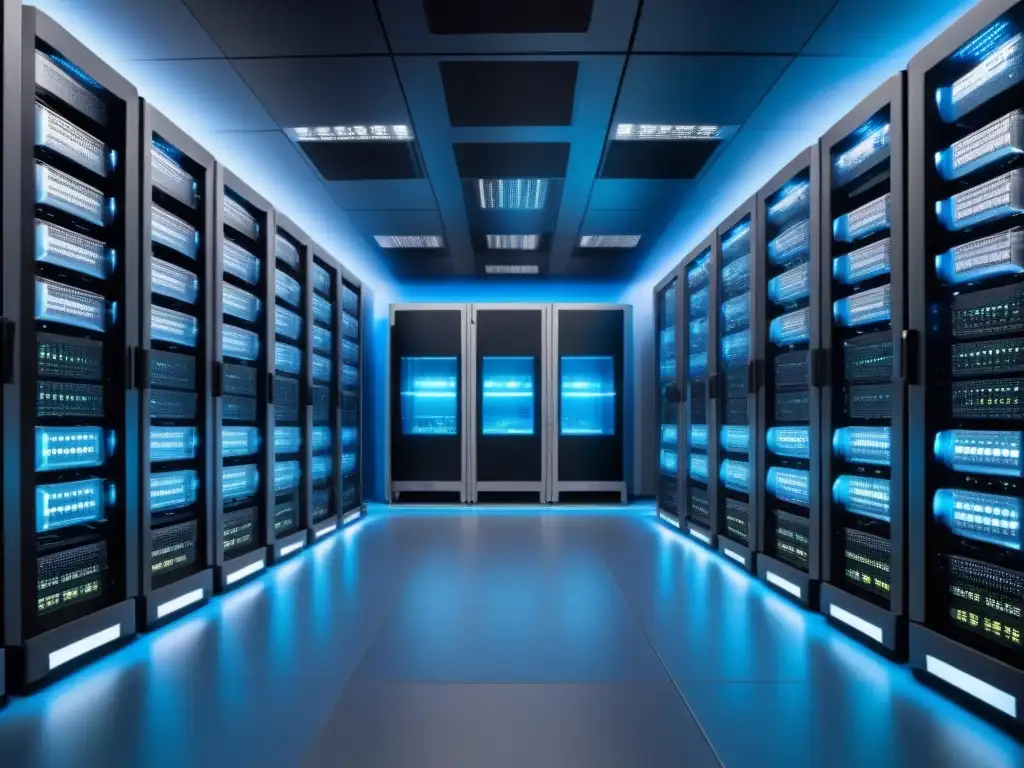 Servidores de nube futuristas en 8k: eficiencia tecnológica Un deslumbrante servidor en la nube para gestión eficiente de propiedades en plataformas en la nube
