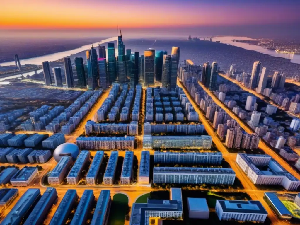 Metrópolis moderna: vida urbana en armonía Deslumbrante skyline de una ciudad metropolitana con desarrollos inmobiliarios áreas metropolitanas, vida urbana vibrante al atardecer