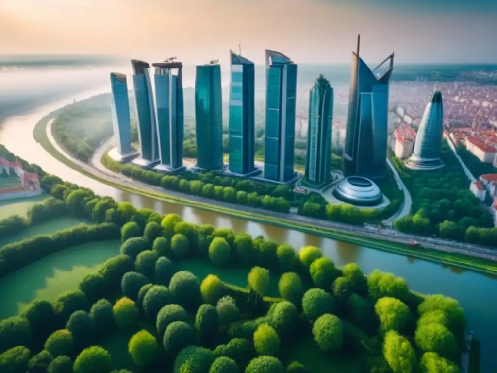 Horizonte moderno y dinámico: rascacielos en Europa del Este Deslumbrante skyline moderno en Europa del Este con rascacielos de cristal y parques verdes