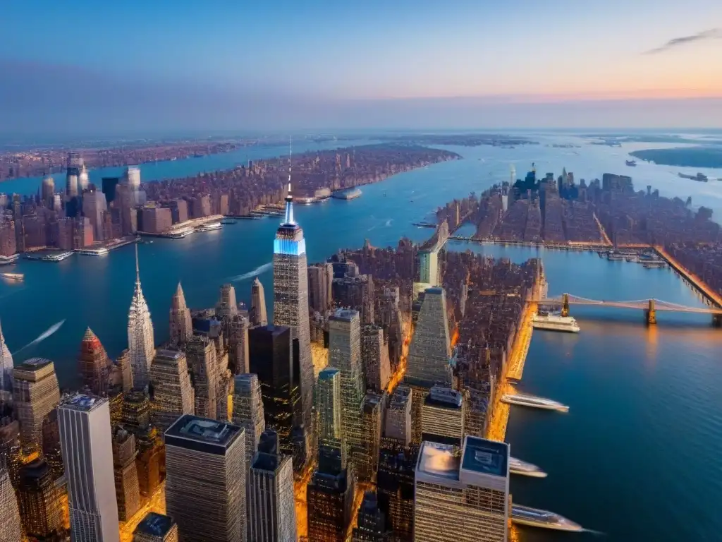 Esplendor nocturno: Manhattan visto desde las alturas al anochecer Deslumbrante vista aérea de Manhattan al anochecer, resaltando rascacielos y el río Hudson