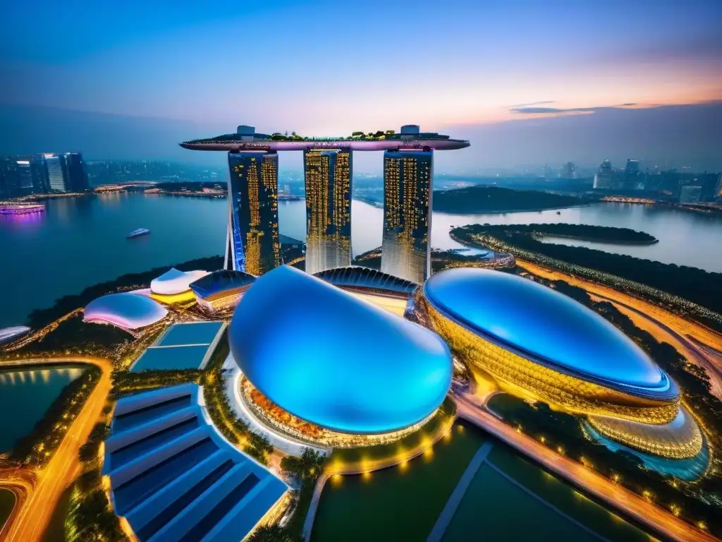 Espectacular vista aérea del skyline de Singapur al atardecer Deslumbrante vista aérea del skyline de Singapur al atardecer, destacando Marina Bay Sands y el Supertree Grove