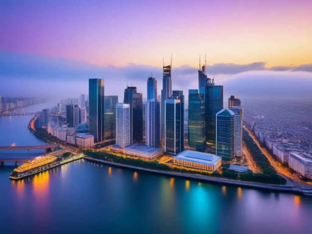 Horizonte urbano vibrante al anochecer: luces y progreso Una deslumbrante vista aérea de la vibrante ciudad al anochecer, con rascacielos iluminados y un río sereno