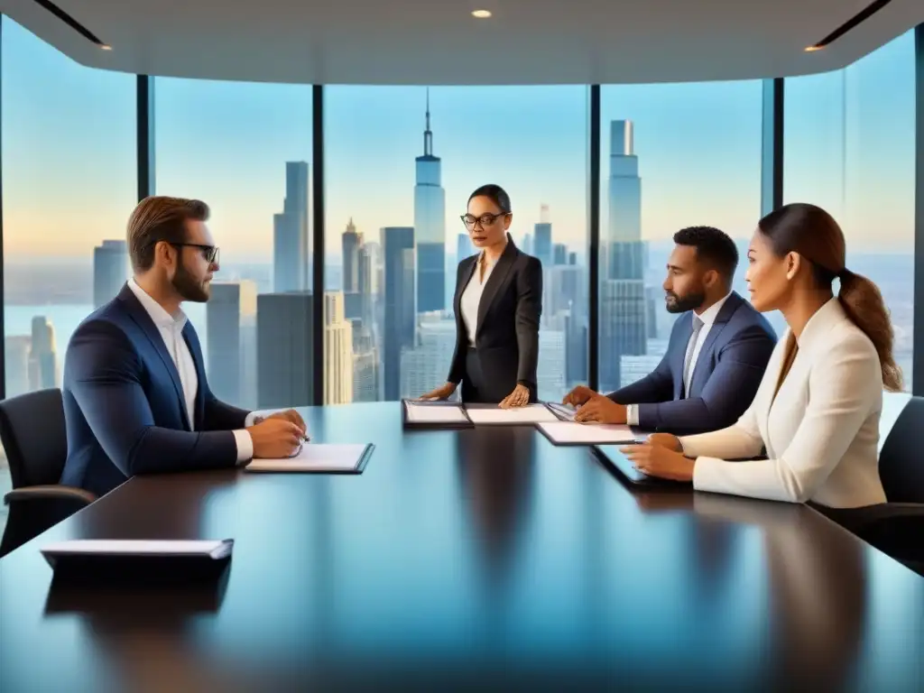 Equipo legal de vanguardia en oficina moderna Un despacho legal moderno con profesionales colaborando en aspectos legales inversión inmobiliaria global