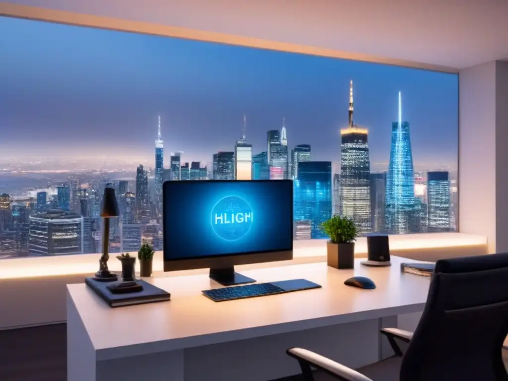 Oficina moderna con vista panorámica y gadgets de alta tecnología Despacho moderno con vista panorámica de ciudad al anochecer, escritorio contemporáneo con gadgets de alta tecnología, mapa mundial de puntos calientes inmobiliarios globales y lámpara globo elegante iluminando la habitación, ideal para financiar inversión propiedad inteligente extranjera