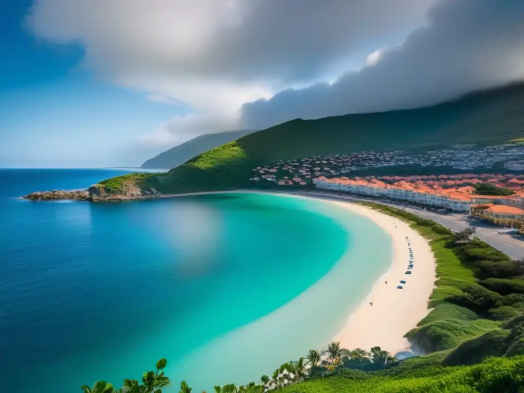 Costa vibrante: villas modernas y turismo en acción Un destino costero vibrante y bullicioso con villas vacacionales modernas, negocios locales y una costa prístina