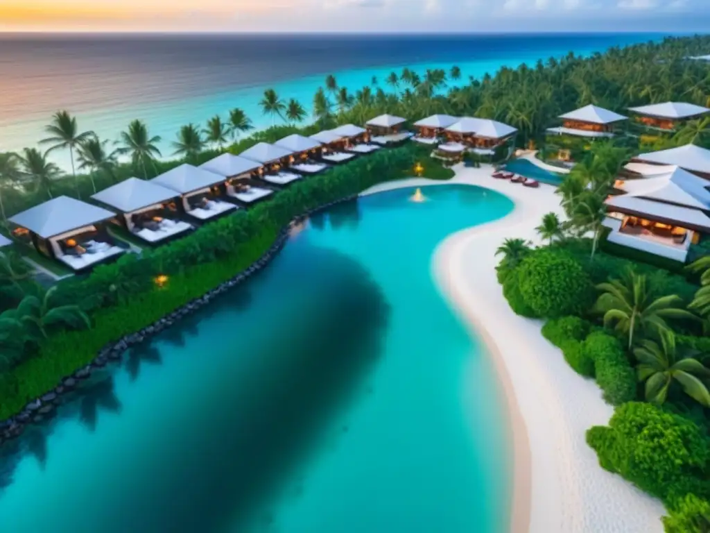 Paraíso tropical de lujo con playa, palmeras y villas con piscina infinita Destino paradisíaco con propiedades de tiempo compartido internacionales en un lujoso resort exótico al atardecer