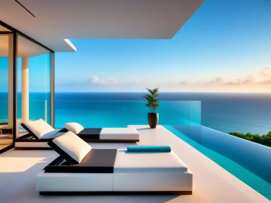 Suite de lujo con vista a la playa: sofisticación y exclusividad Destino turismo de élite: lujosa suite penthouse con vista a playa turquesa y piscina infinity privada