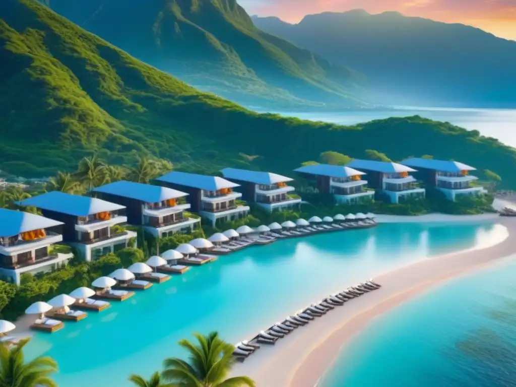 Resort de lujo en paraíso natural Destinos emergentes resorts tiempo compartido: Resort de lujo entre montañas verdes y mar turquesa al atardecer