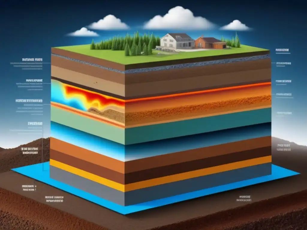 Infografía detallada: Geotermia para climatización en edificios Detallada ilustración de las capas terrestres resaltando los beneficios de la geotermia en construcción