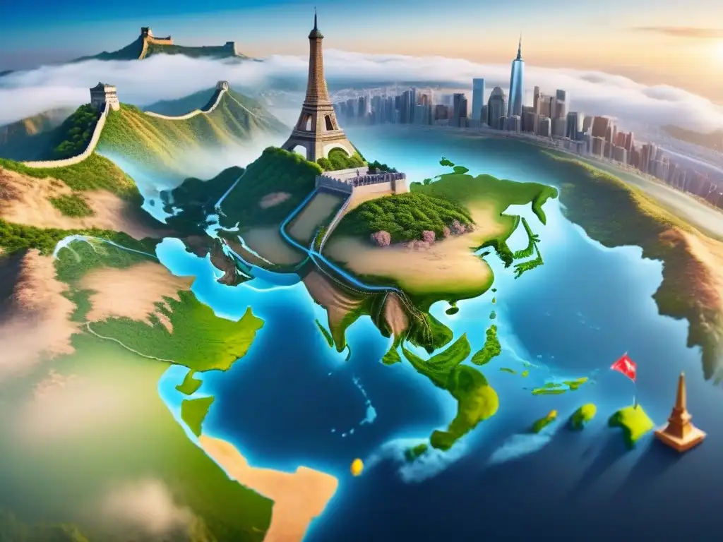 Mapa mundial detallado con íconos legales y emblemáticos Ilustración detallada de un mapa global con hitos icónicos resaltados en Asia, Europa y América