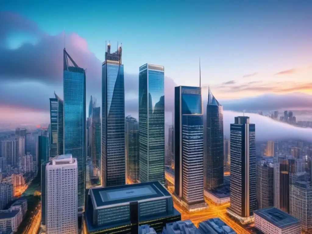 Red de rascacielos globales: fusión inmobiliaria internacional Ilustración detallada y moderna de una red global de rascacielos interconectados representando fusiones inmobiliarias internacionales rentables con gráficos digitales y símbolos de moneda superpuestos