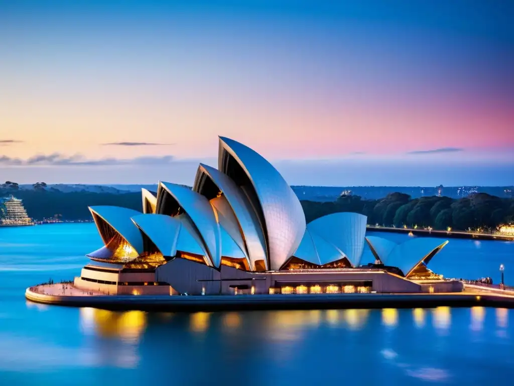 Opera House de Sídney: atardecer vibrante y diseño icónico Fotografía detallada de la Ópera de Sídney al atardecer, destacando su arquitectura única y colores vibrantes