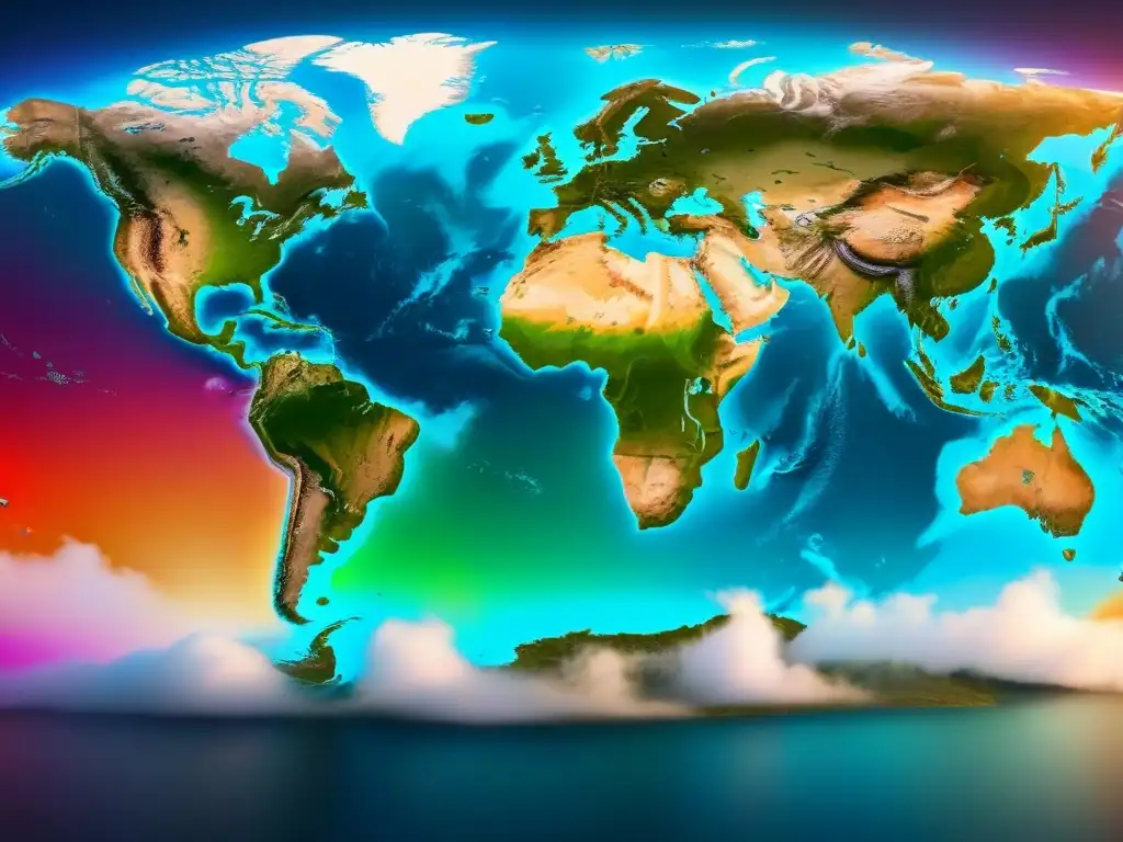 Mapa mundial detallado con análisis de riesgo en vibrantes heatmaps Un detallado mapa mundial con análisis de riesgo inmobiliario global en vibrantes colores y datos precisos